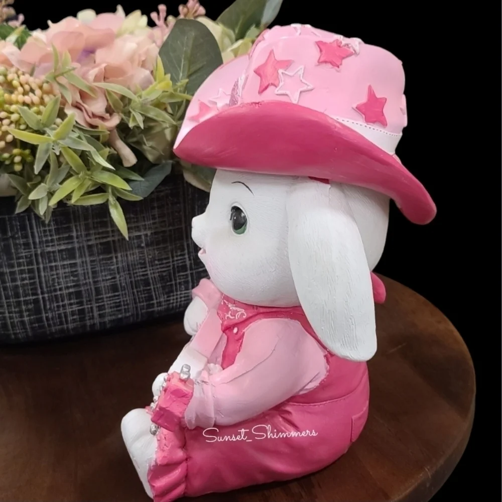 Easter Bunny Girl Sparkly Pink Cowboy Hat Overalls bandana Playing Guitar New